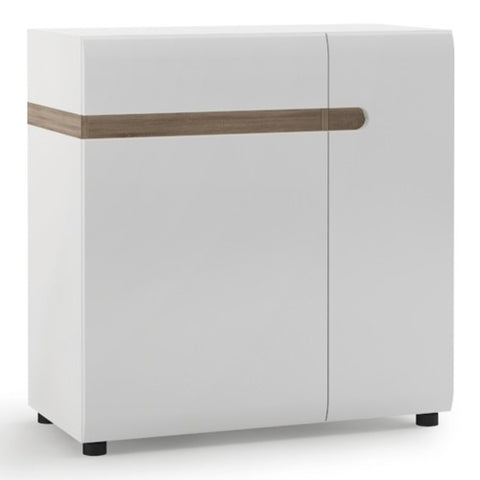 Modern Scandi Sideboard with 1 Drawer 2 Doors in High Gloss White Exterior and Truffle Oak Interior