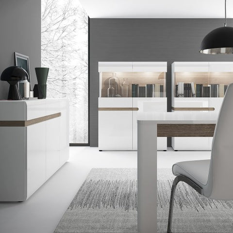 Modern Scandi Sideboard with 1 Drawer 2 Doors in High Gloss White Exterior and Truffle Oak Interior