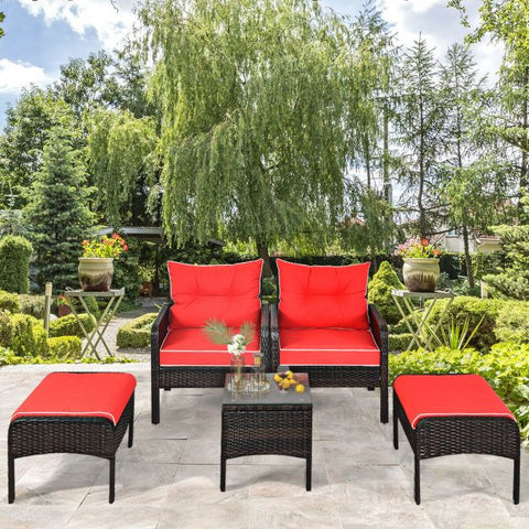 Outdoor Wicker Lounge Set with Coffee Table and Cushions In Red