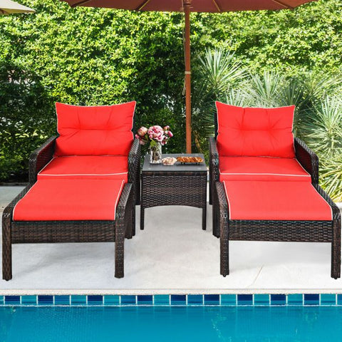 Outdoor Wicker Lounge Set with Coffee Table and Cushions In Red