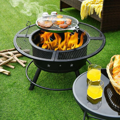 Fire Pit with Detachable BBQ Grill and Log Grate