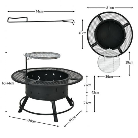 Fire Pit with Detachable BBQ Grill and Log Grate