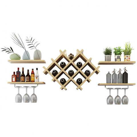 Floating Wall Mounted Wine Rack with Four Separate Shelves, 2 with Glass Storage-Natural
