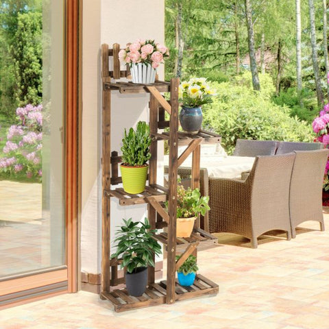 Patio Multi-Function Wooden Plant Stand with Slatted Shelves