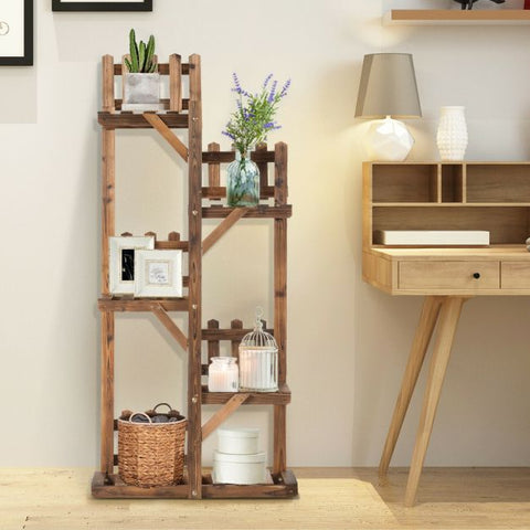 Patio Multi-Function Wooden Plant Stand with Slatted Shelves