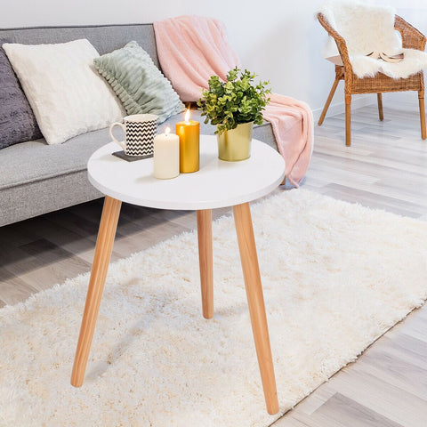 Lightweight and Minimalistic Round Side Table with Sturdy Wooden Legs in White