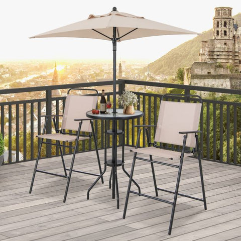 Garden Bar Furniture Set with Foldable Chairs and Umbrella in Beige