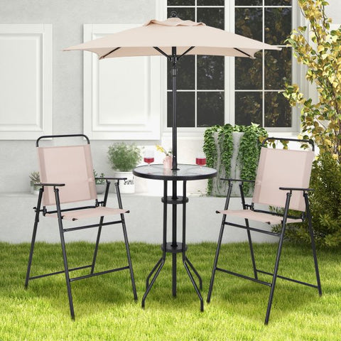 Garden Bar Furniture Set with Foldable Chairs and Umbrella in Beige