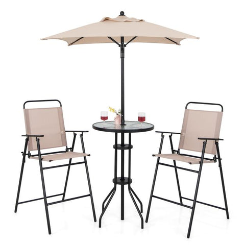 Garden Bar Furniture Set with Foldable Chairs and Umbrella in Beige