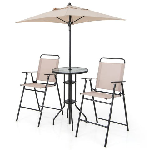 Garden Bar Furniture Set with Foldable Chairs and Umbrella in Beige