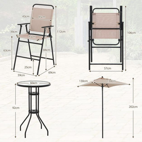 Garden Bar Furniture Set with Foldable Chairs and Umbrella in Beige
