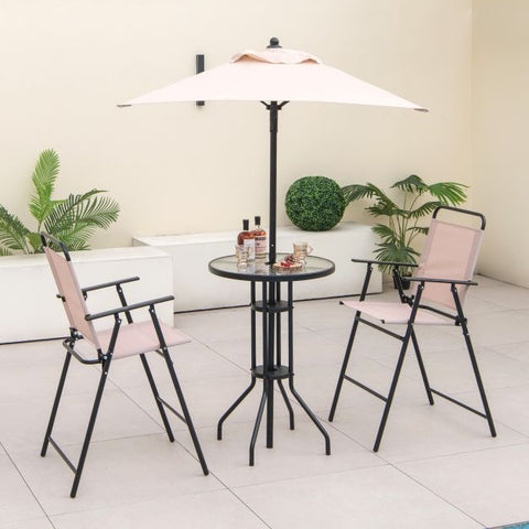 Garden Bar Furniture Set with Foldable Chairs and Umbrella in Beige