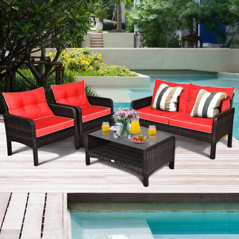Outdoor Furniture Conversation Set with Cushions in Red