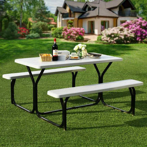 Outdoor Picnic Table and Bench Set with Metal Base and Water-Resistant Material in White