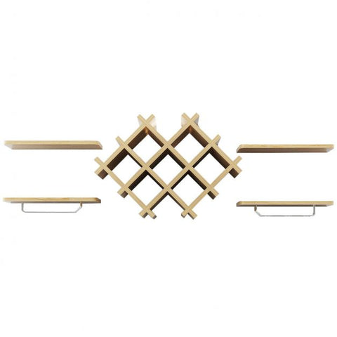 Floating Wall Mounted Wine Rack with Four Separate Shelves, 2 with Glass Storage-Natural