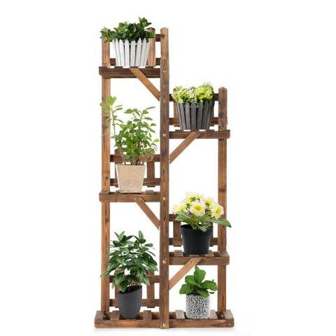 Patio Multi-Function Wooden Plant Stand with Slatted Shelves