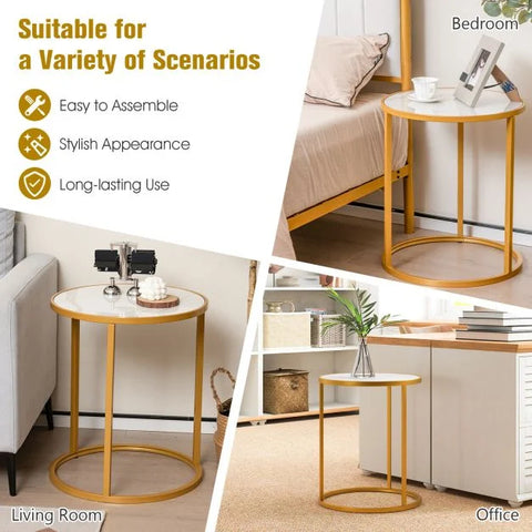 Simple Round Side Table with Golden Metal Frame