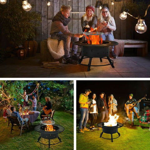 Fire Pit with Detachable BBQ Grill and Log Grate