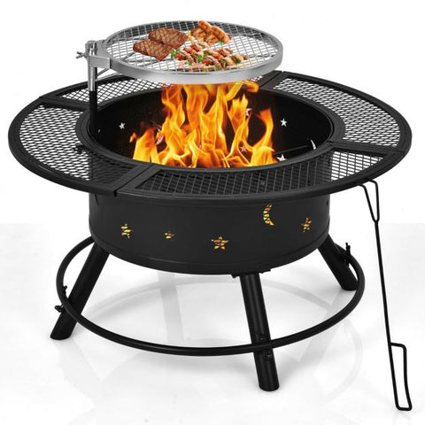 Fire Pit with Detachable BBQ Grill and Log Grate