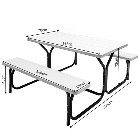 Outdoor Picnic Table and Bench Set with Metal Base and Water-Resistant Material in White