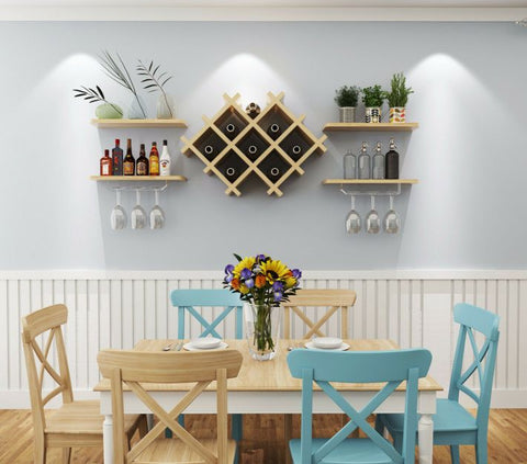 Floating Wall Mounted Wine Rack with Four Separate Shelves, 2 with Glass Storage-Natural
