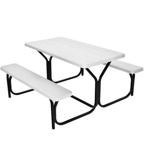 Outdoor Picnic Table and Bench Set with Metal Base and Water-Resistant Material in White