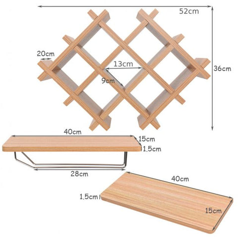Floating Wall Mounted Wine Rack with Four Separate Shelves, 2 with Glass Storage-Natural
