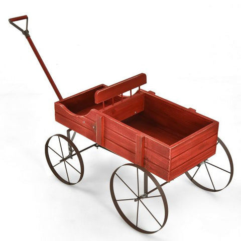 Garden Amish Styled Fir Wood Plant Holder with Metal Wheels