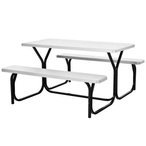 Outdoor Picnic Table and Bench Set with Metal Base and Water-Resistant Material in White