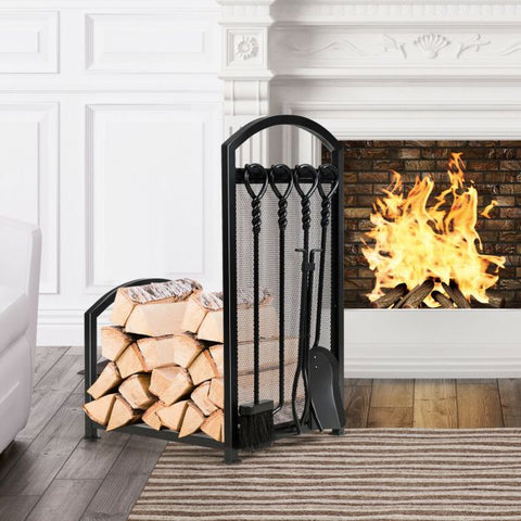 Firewood Rack Set with 4 Tools for Fireplace Log Storage