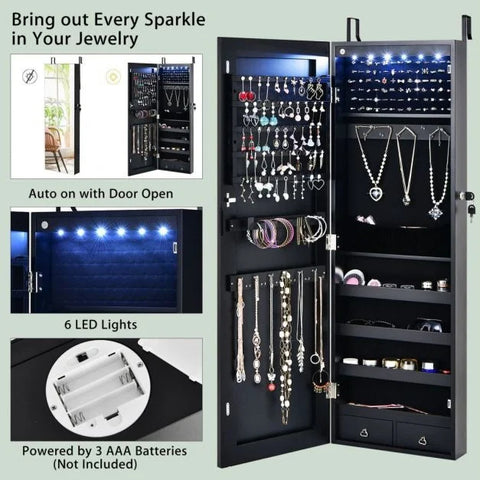 Mounted Spacious Jewellery Cabinet with Lock and Integrated LED Lights