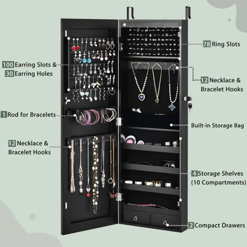 Mounted Spacious Jewellery Cabinet with Lock and Integrated LED Lights