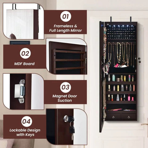 Mounted Spacious Jewellery Cabinet with Lock and Integrated LED Lights