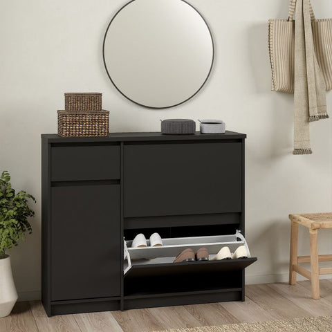 Elegant Spacious Shoe Cabinet with Storage Drawer and Flip Down Doors in Matt Black