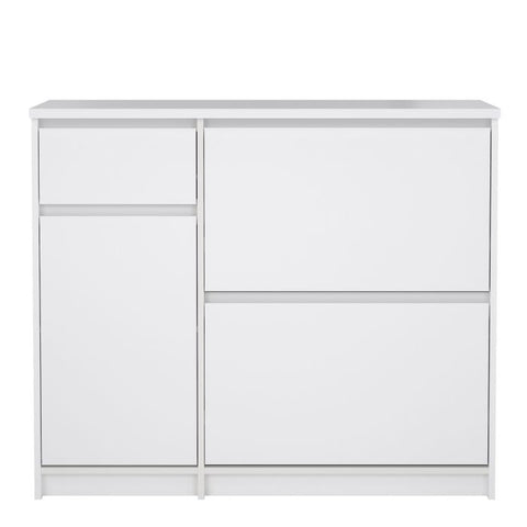 Elegant Spacious Shoe Cabinet with Storage Drawer and Flip Down Doors in Glossy White