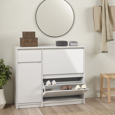 Elegant Spacious Shoe Cabinet with Storage Drawer and Flip Down Doors in Glossy White