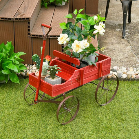 Garden Amish Styled Fir Wood Plant Holder with Metal Wheels