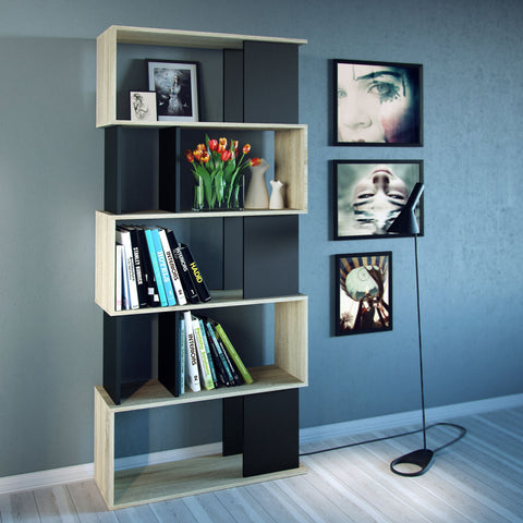 Stylish Modern Two-Tone Bookcase with Multiple Shelves and Asymmetrical Design