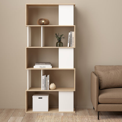 Stylish Modern Two-Tone Bookcase with Multiple Shelves and Asymmetrical Design