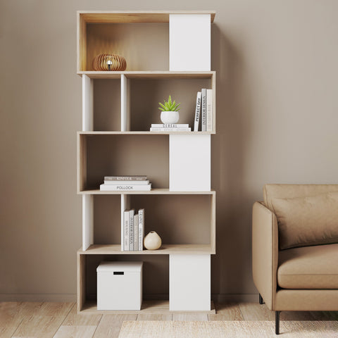 Stylish Modern Two-Tone Bookcase with Multiple Shelves and Asymmetrical Design