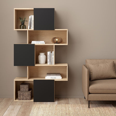 Stylish Two-Tone Bookcase with Multiple Shelves and Asymmetrical Design