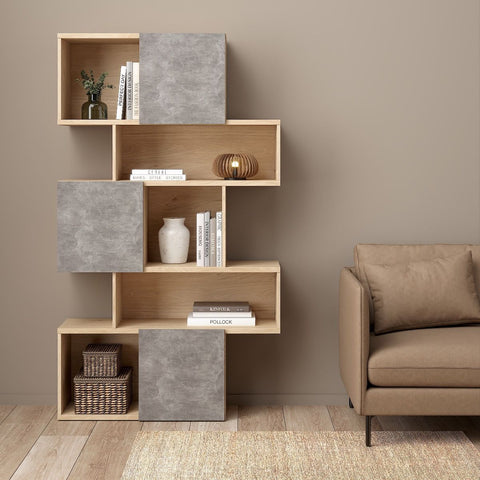 Stylish Two-Tone Bookcase with Multiple Shelves and Asymmetrical Design