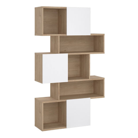 Stylish Two-Tone Bookcase with Multiple Shelves and Asymmetrical Design