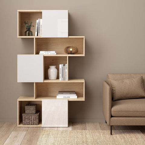 Stylish Two-Tone Bookcase with Multiple Shelves and Asymmetrical Design