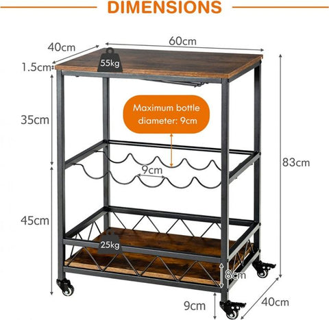Portable Serving Trolley with 2 Glass Holders and Wine Rack
