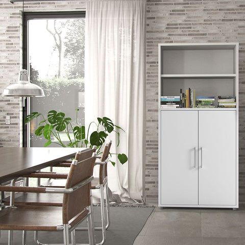 Stylish Laminated Board Bookcase with Doors and Multiple Storage Shelves