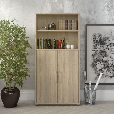 Stylish Laminated Board Bookcase with Doors and Multiple Storage Shelves