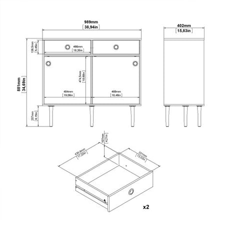 Ferrara Sideboard 2 Cabinet Doors + 2 Drawers with 98cm Width