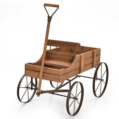 Garden Amish Styled Fir Wood Plant Holder with Metal Wheels