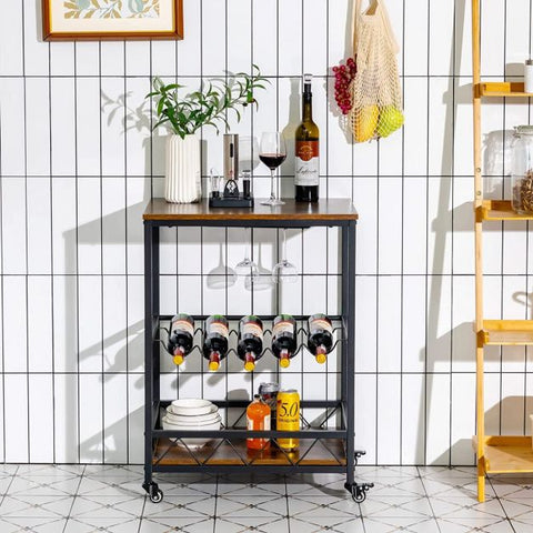 Portable Serving Trolley with 2 Glass Holders and Wine Rack